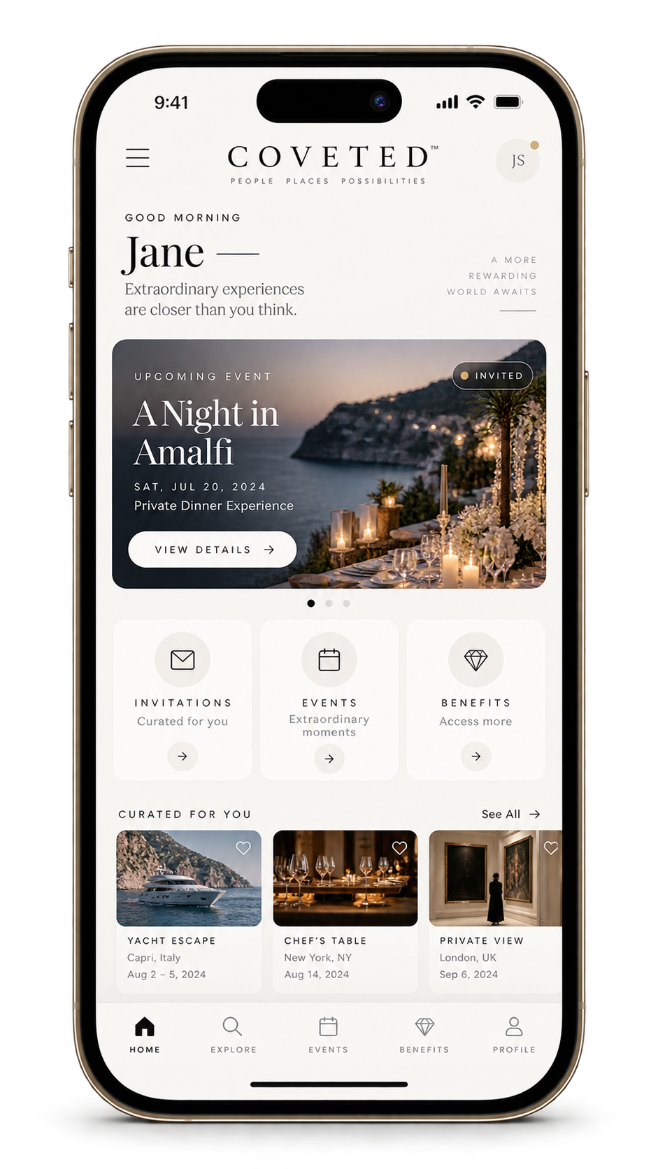 Coveted mobile home screen showing invitations and upcoming experiences